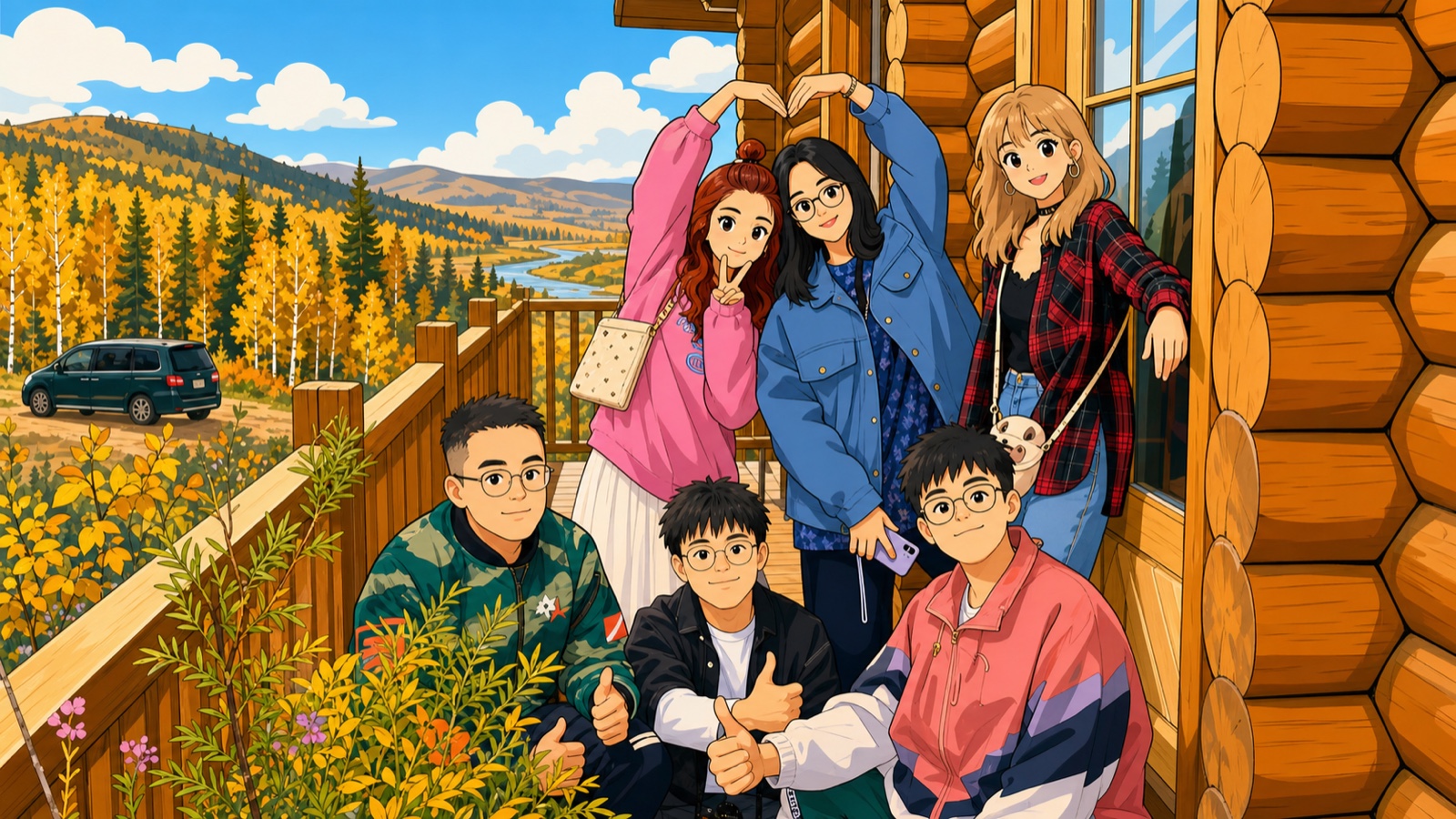 六人旅行队伍站在金秋大兴安岭木屋露台前的二维动画卡通合影